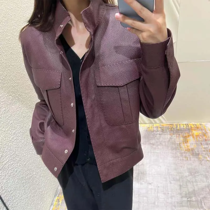 سترة نسائية جديدة للربيع والخريف من الجلد الطبيعي بنمط ليتشي من جلد الغنم عالية الجودة وطول قصير وجيب كبير #1