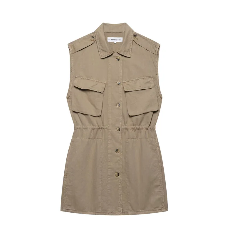 2025 ฤดูใบไม้ผลิฤดูร้อนใหม่ชุดยุโรปและสไตล์อเมริกันผู้หญิงแฟชั่น Casual กระเป๋าตกแต่งชุดสั้นแขนกุด