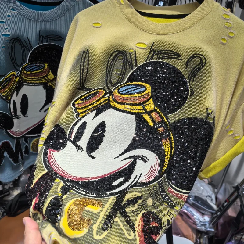 European Style Kawaii T-shirt Heavy Industry Sequins Cartoon Beads Embroidered Short-sleeved Tshirts Loose Versatile Women's Top