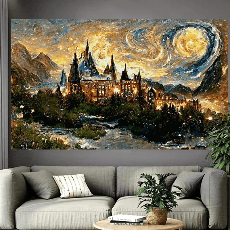 VIKAMA Fantasy Castle Wandteppich Sternennacht Aquarell Kunst Moderner Bohemian-Stil Wohnzimmer Schlafzimmer Hintergrund Wanddekoration