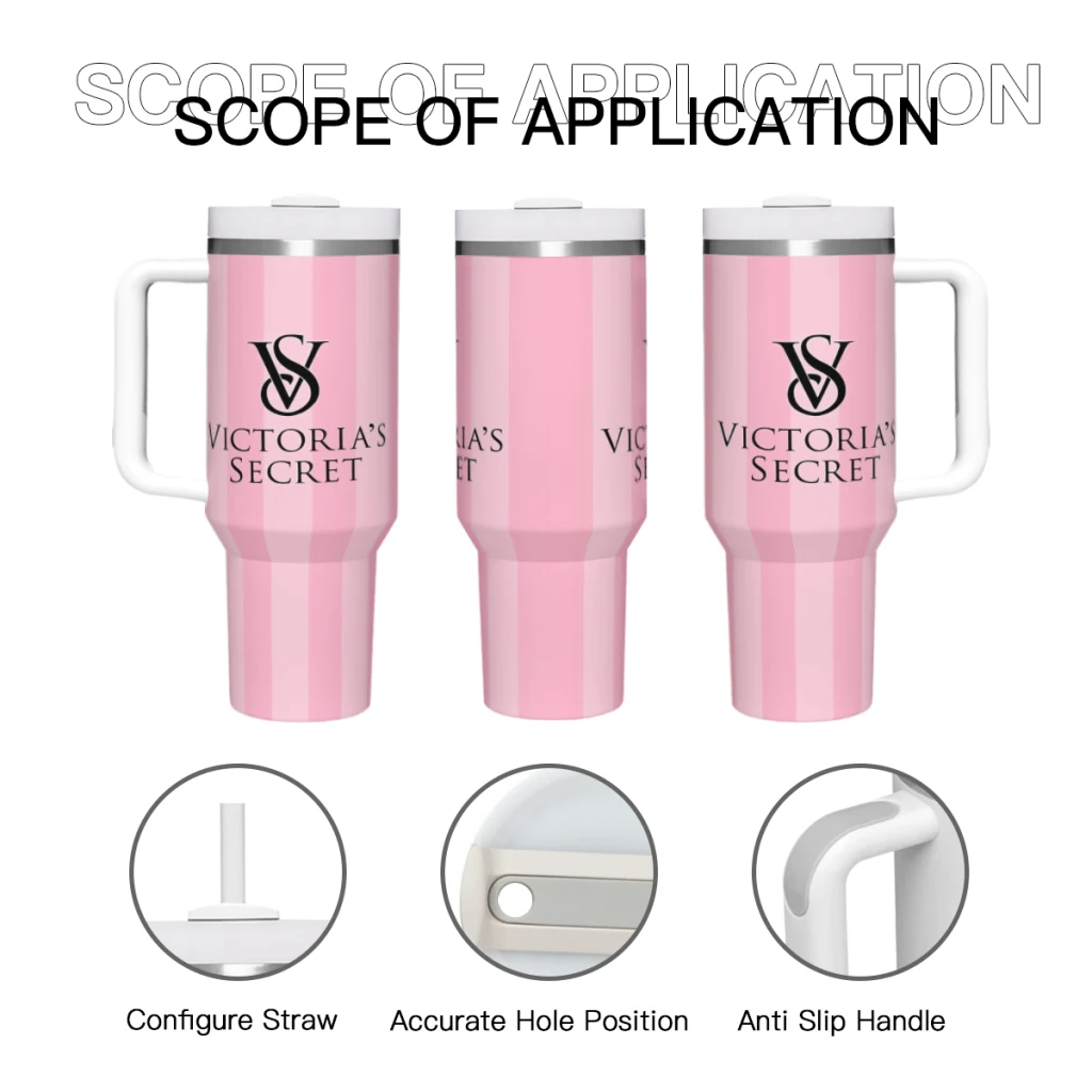 Pink-Victoria-S-Love-Secret 40oz Stainless Steel Car Mug With Handle Straw Thermal Iced Travel Cup Vacuum Insulated Coffee