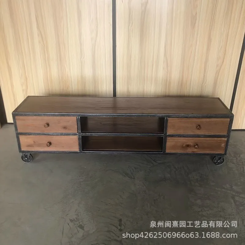 American retro wrought iron solid wood TV cabinet industrial style small apartment bedroom living room mobile audio-visual
