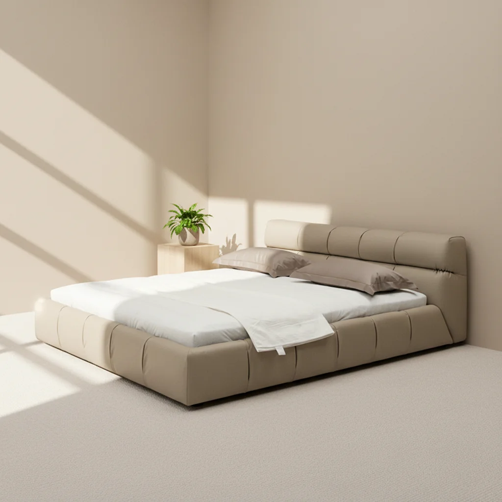 #Modern Cream Puff Style Solid Wood Faux Leather King Size Bed with Embedded Genuine Leather Headboard Storage for Luxury