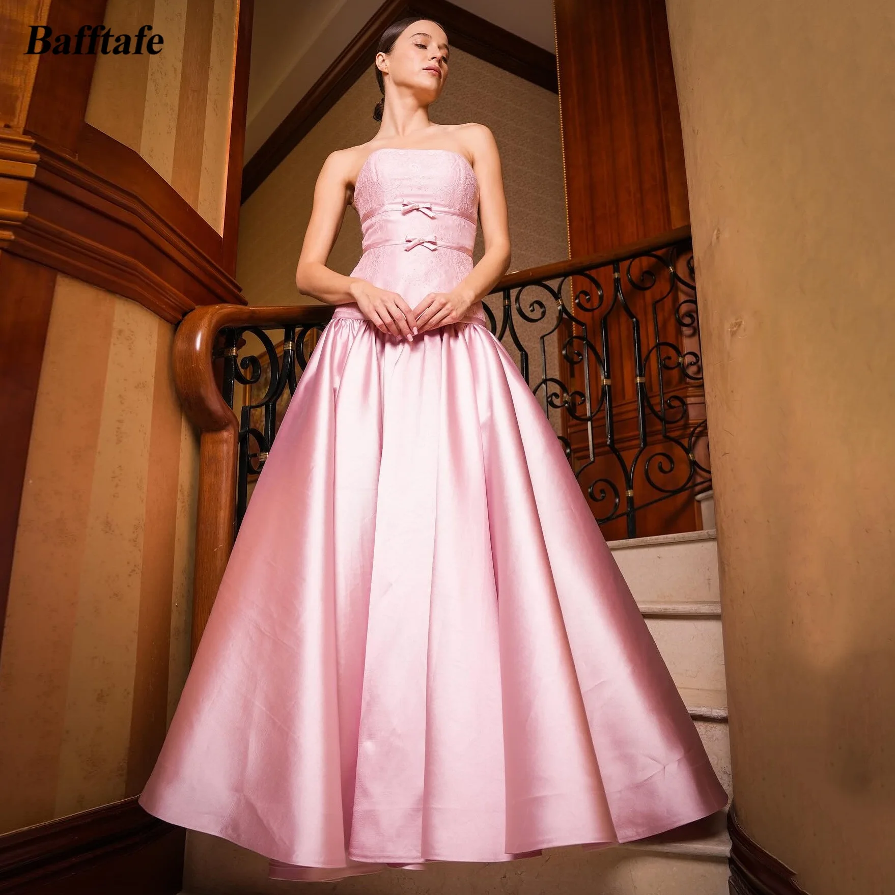 

Bafftafe Formal A Line Customized Prom Dresses Lace Satin Women's Evening Dress Bow Special Wedding Bridesmaid Gowns Headband