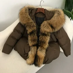 Real Raccoon Fur Jacket Women New Winter White Duck Down Coat Women Oversize Fox Fur Collar Big Fur Coat Thick Warm Outerwear