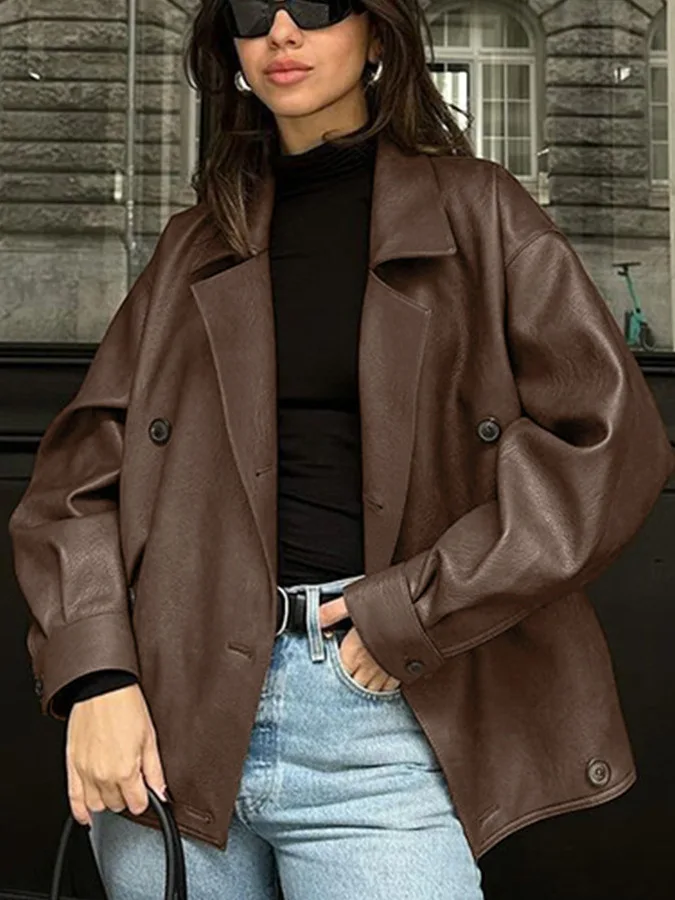 レディース ブラウン レザー ジャケット ヴィンテージ 冬用 ルーズフィット 肩丈コート ボタン装飾 ヨーロッパ風 スタイル ロング スリーブ PUレザー...