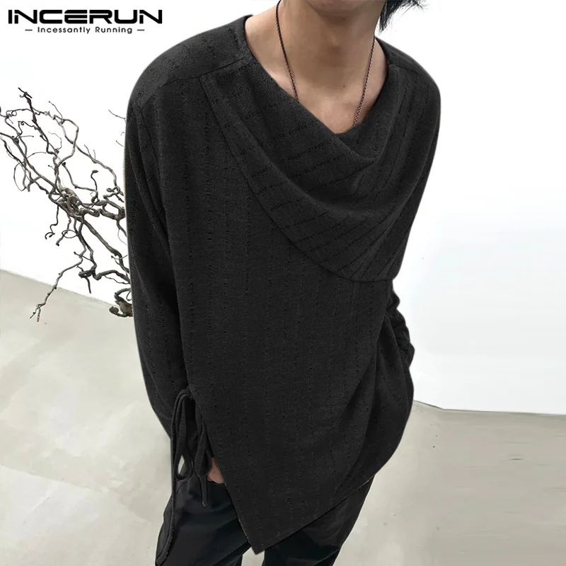 INCERUN Men Irregular T Shirt Knitted Hollow Out Solid Color Long Sleeve Casual Men Clothing Streetwear 2024 Fashion Tee Tops