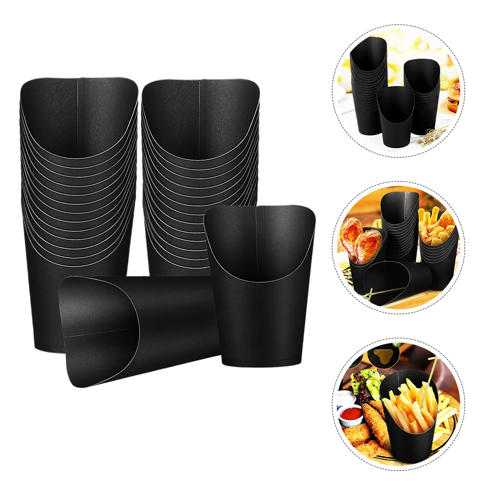 50 Pcs Waffles Thickened Black Kraft Paper Slanted French Fries Cup Portable Fry Holders Snack Small Containers Cups