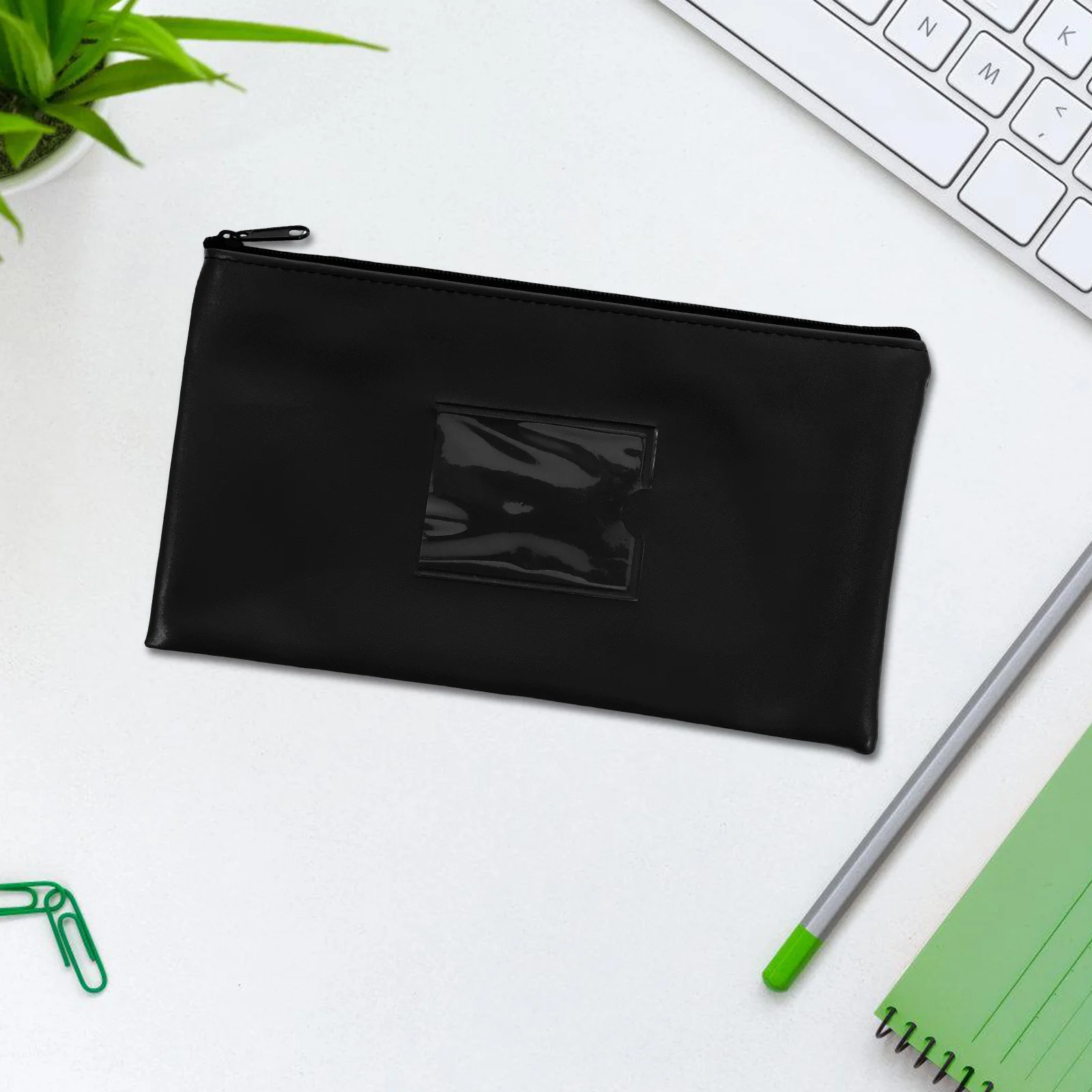 2Pcs Money Bank Deposit Bag Faux Zipper Cash Coin Pouch with Transparent Card Slot Organizer