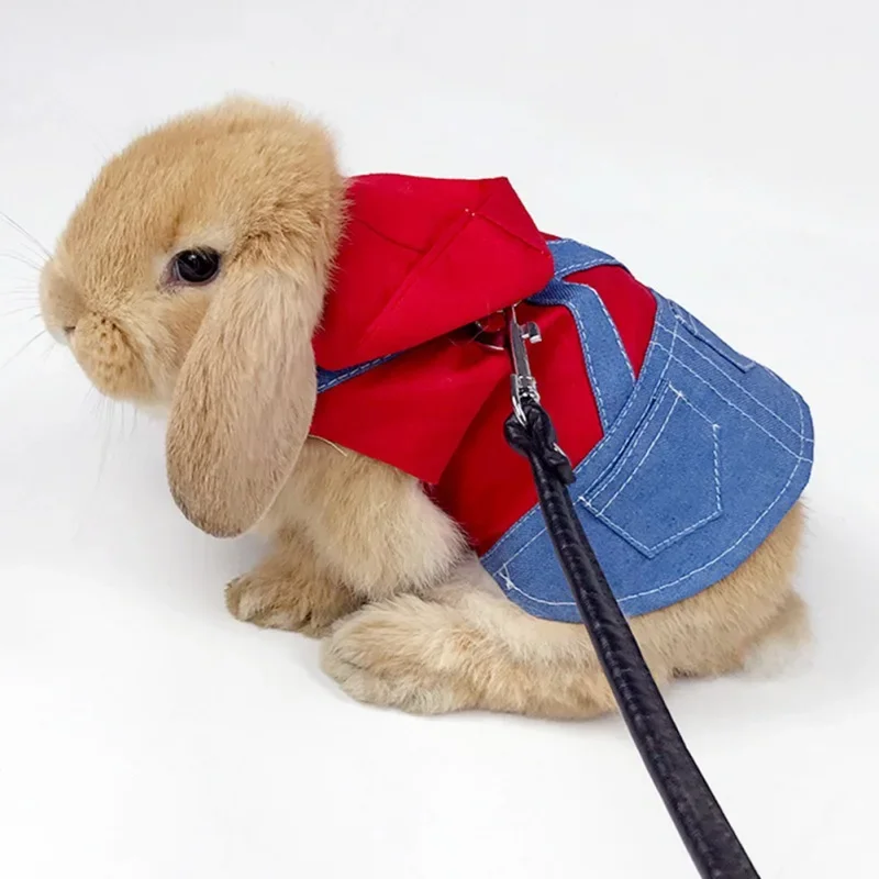 Rabbit Clothes Denim Jacket Coat Pet Small Animal Harness Leash Vest  Hat Set  Ferret Bunny Hamster Small Pet Supplies Cat leash