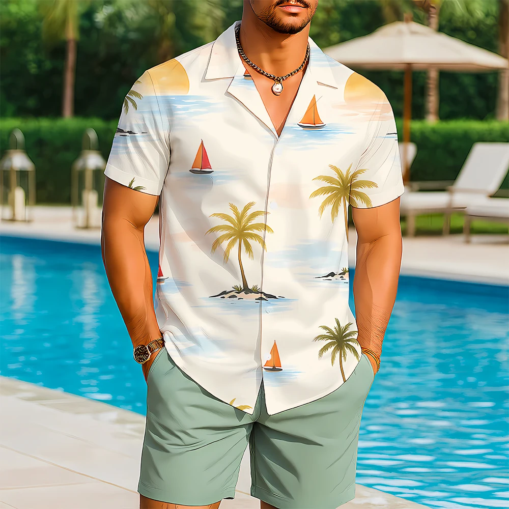 

2025 Men's Casual Hawaiian Shirt Fashion Palm Tree Beach Graphic Print Short Sleeve Loose Breathable Oversized Button Lapel Top
