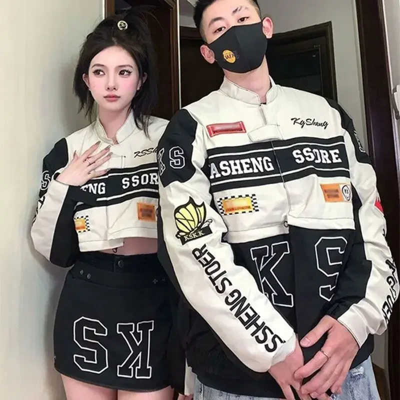 American retro baseball suit motorcycle set jackets for women vintage detachable streetwear harajuku racing suit winter clothes