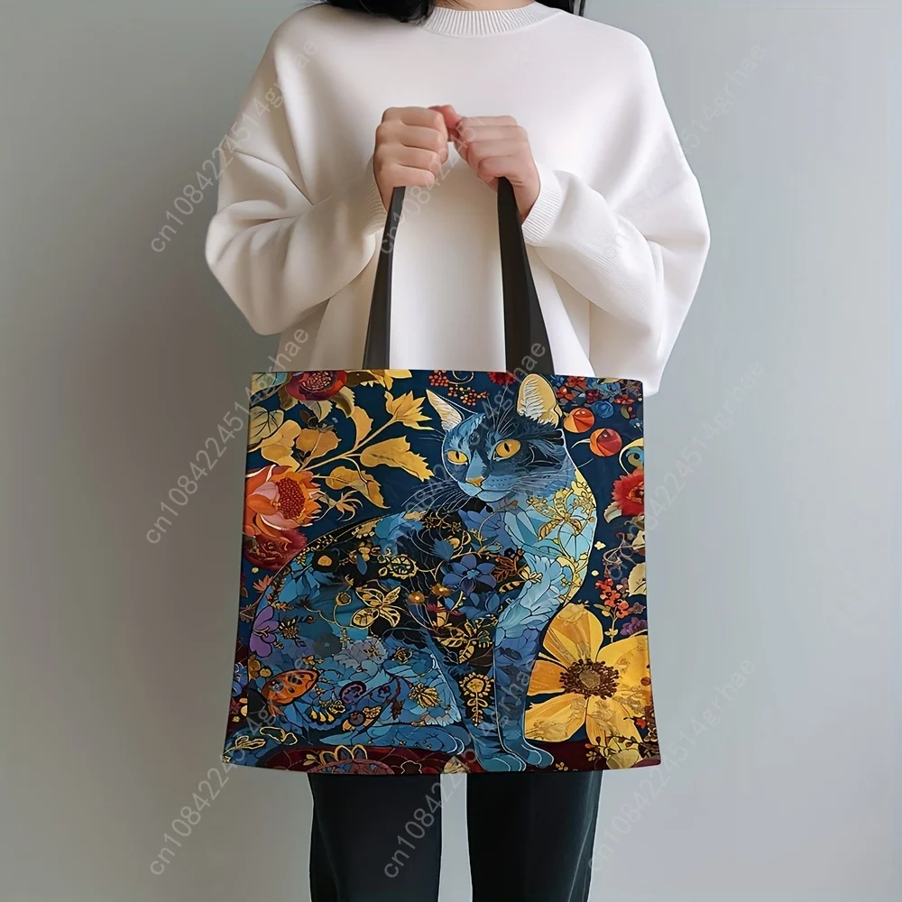 1 Buah Tas Jinjing Kucing Abstrak Tas Bahu Hewan Kecil Unik Lucu Tas Tangan Ramah Lingkungan Linen Cetak Tas Kasual Kantor Belanja Dapat Digunakan Kembali