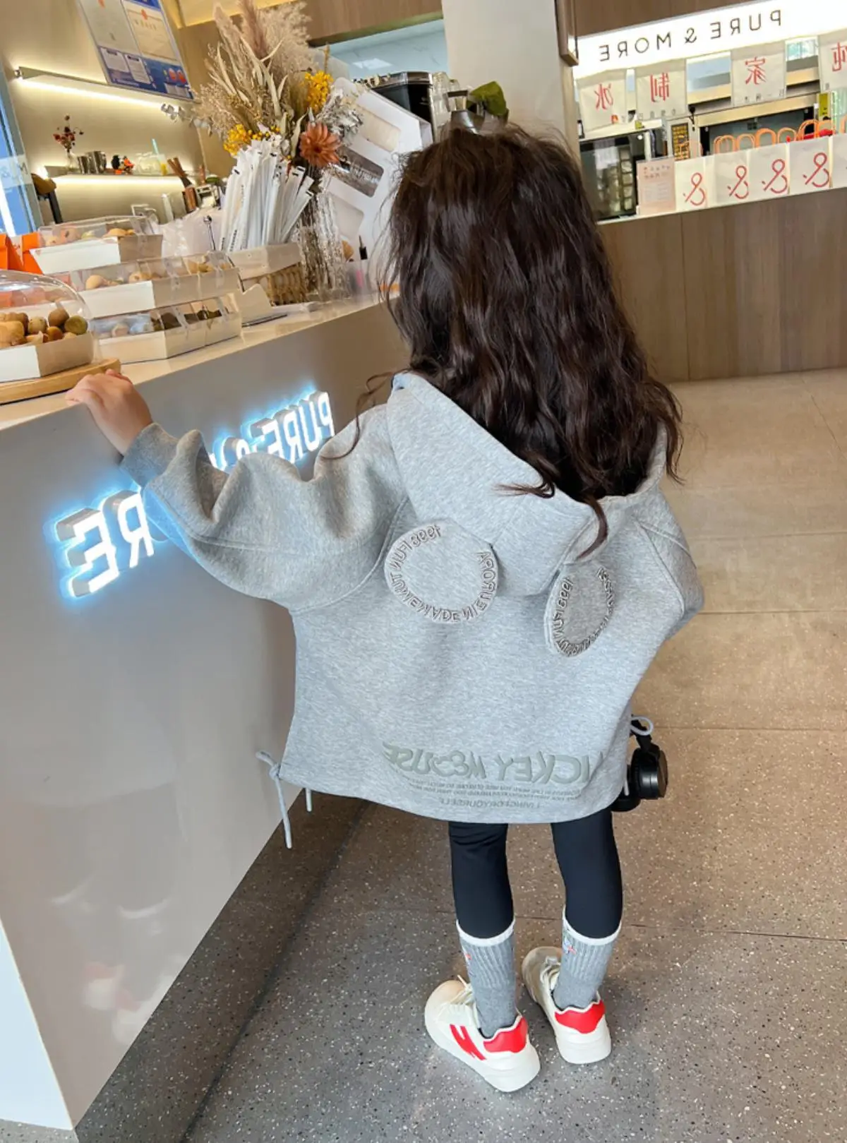 Baby and Girls Cotton Grey Embroidery Cartoon Show Drawstring Zip Sweatshirt Jackets Kids Hoodie Coat Child Outfit Tops 2-8Years