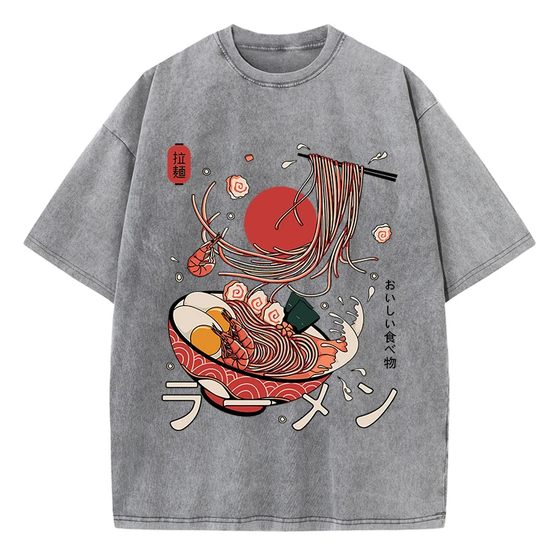 Ramen Noodles Cotton Washed T-Shirt Women Harajuku Printing Tops Comfortable O-Neck Oversized T Shirts All-Match Woman Clothes