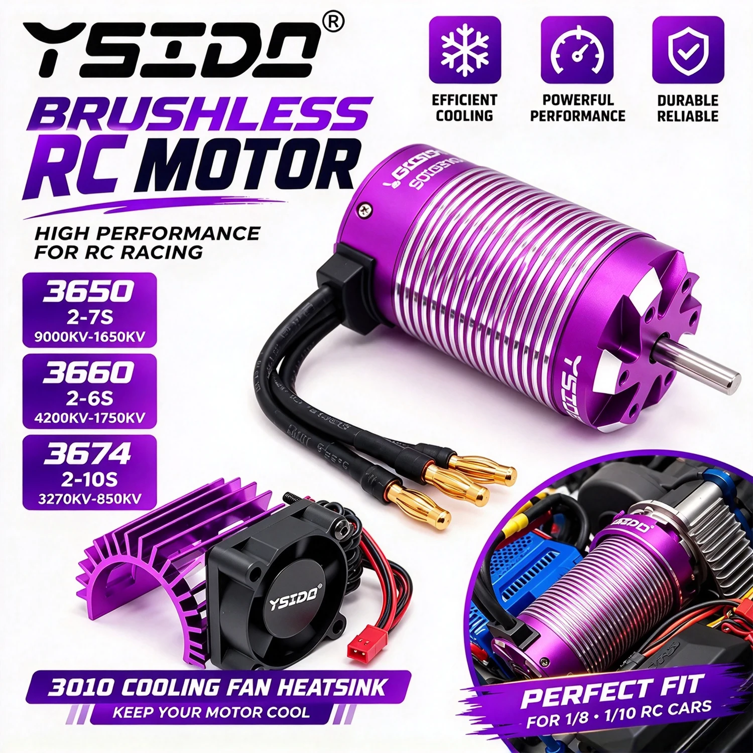 YSIDO RC Motor 3650 3660 3674 Brushless Motor 3.175/5.0mm With 3010 Cooling Fan HeatSink for 1/8 1/10 WLtoys RC Off-Road Buggy