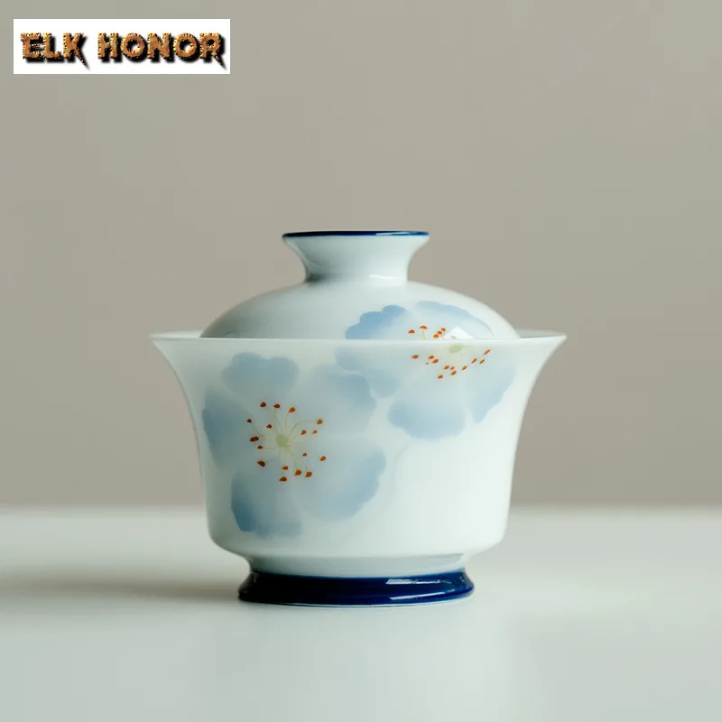 130ml Hand-painted Blue Shadow Begonia Flower Jin An Gaiwan Aesthetic Tea Tureen Tea Bowl With Lid Kit Tea Brewing Cover Bowl
