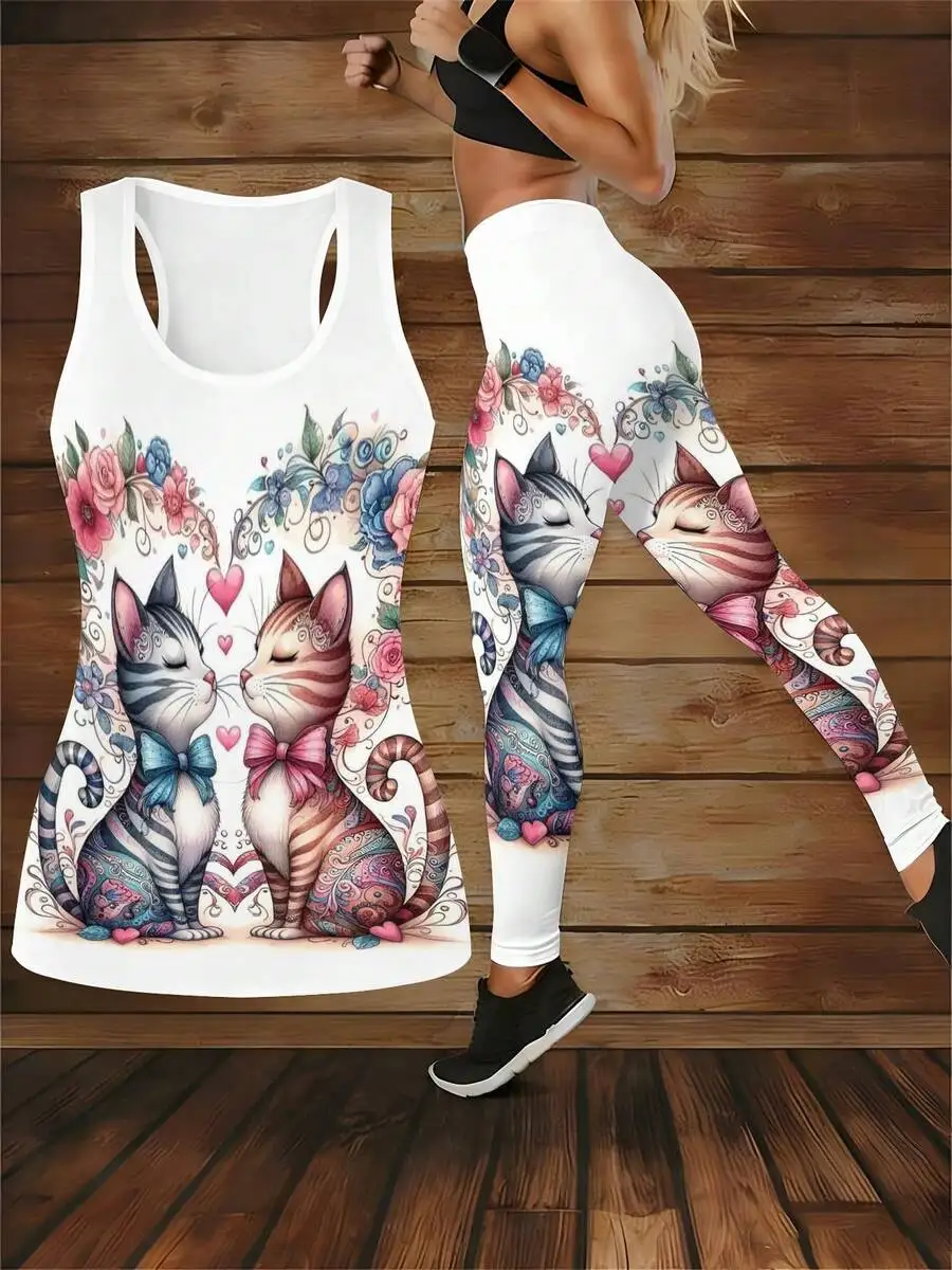 

Womens Cat Floral Heart Bow 2 Piece Workout Set Racerback Tank Leggings