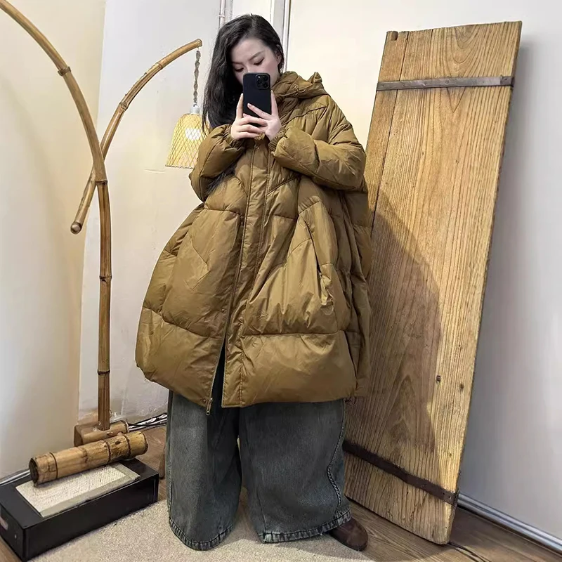 Winter Schwarz Weiß Mit Kapuze Parker Daunenjacke für Frauen Lose Übergroßen Dicke Warme Taschen Puffer Mantel Dame Lange Federn Outwear