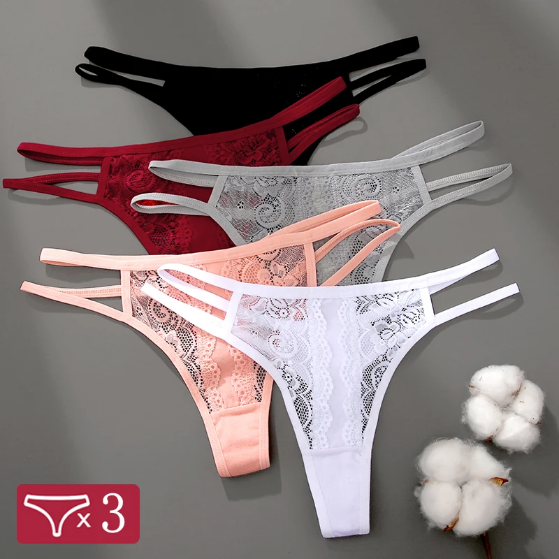 3Pcs/Set Sexy Lace Hollow Out Thongs Women Panties Low Waist Transparent G-String Underwear Female Breathable Intimates Lingerie