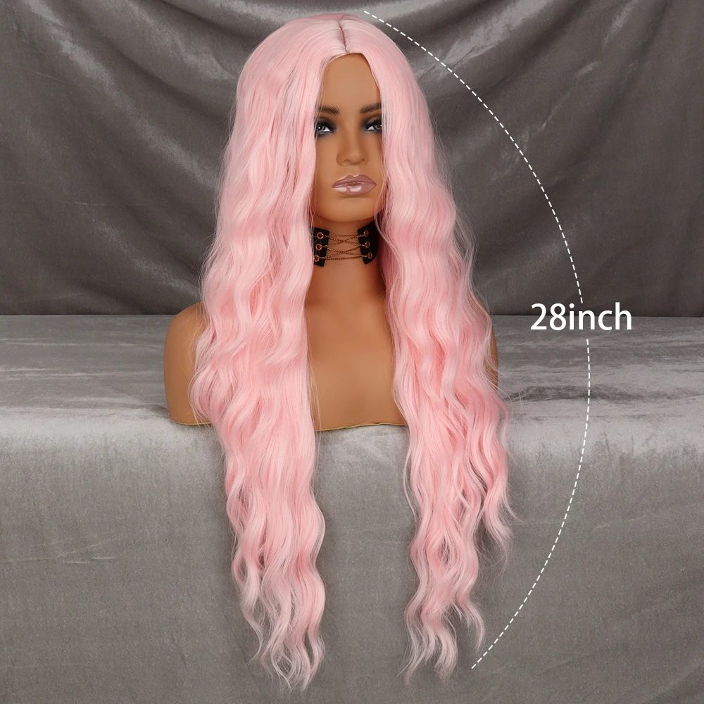 WERD Long Wavy Pink Synthetic Wig Women\'s Heat-Resistant Natural Half Part Cosplay Party Lolita Wig