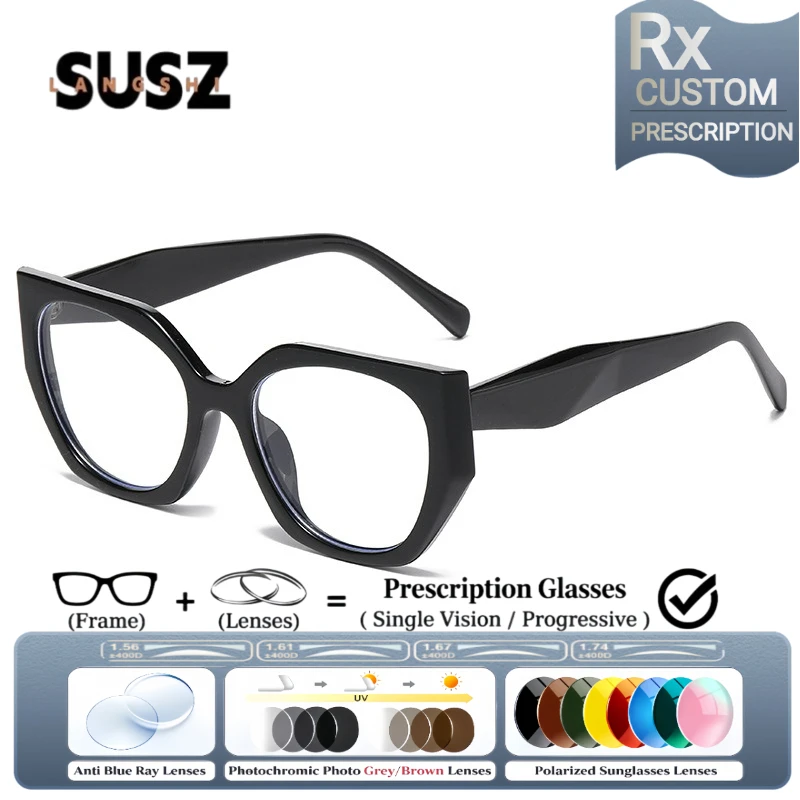 LS-SUSZ Trendy Rectangle Women Anti-Reflective Myopia Hyperopia Glasses Anti Blue Ray Photochromic Prescription Optical Glass
