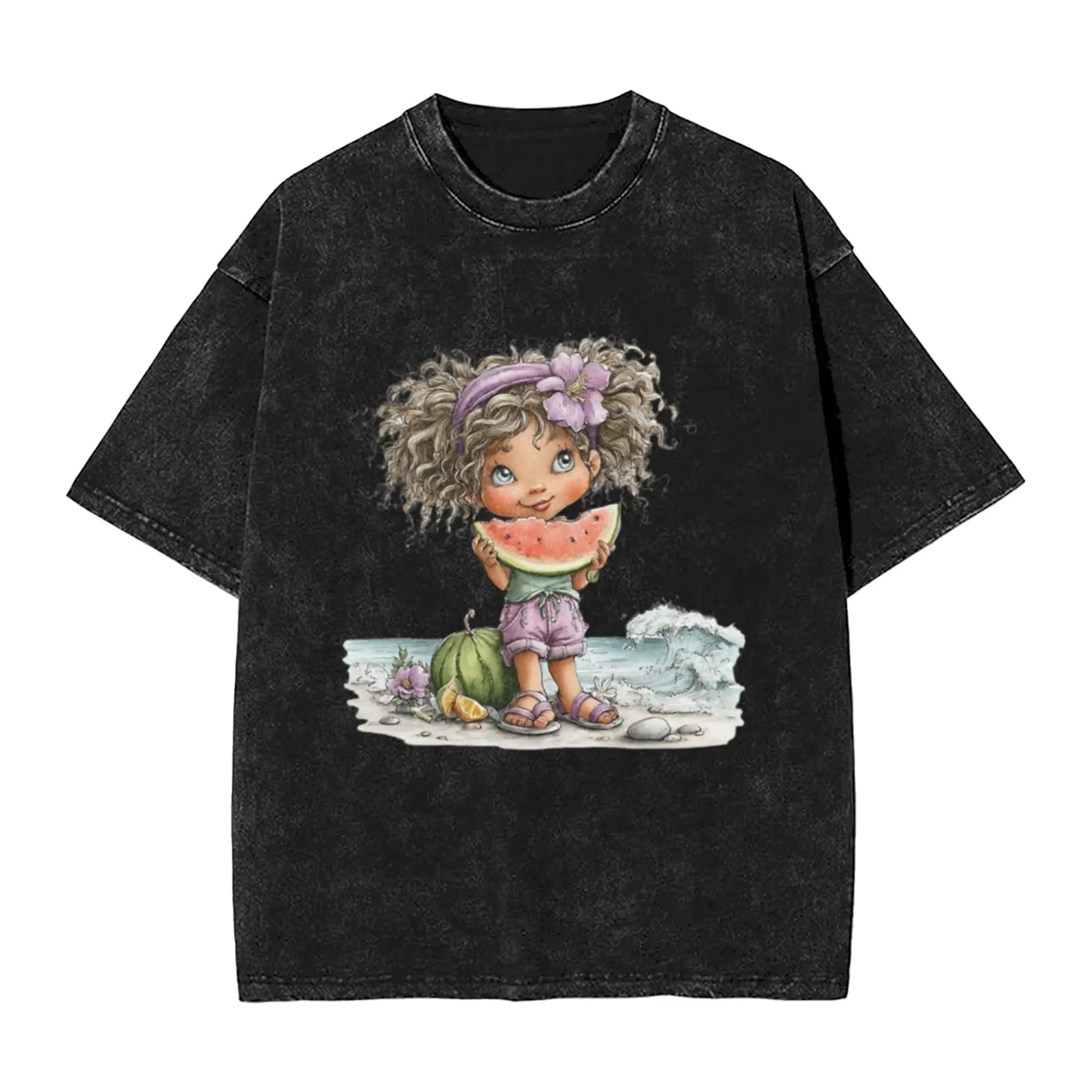 Cute girl eating mellon on the beach - whimsical design Classic A T-Shirt Oversized Short Sleeve Men's Women's Cotton Tees Tops
