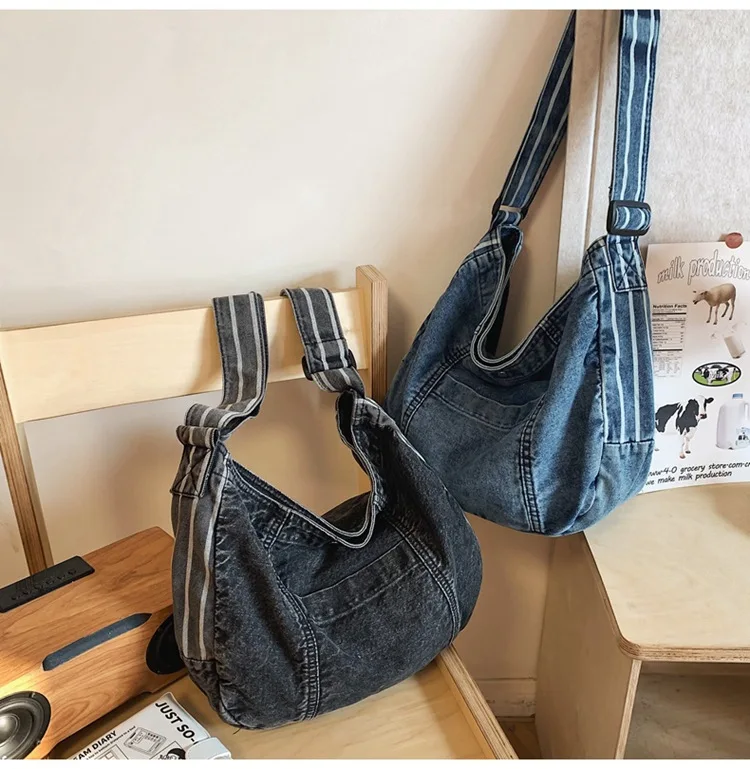 Fashionable Washed Denims Canvas Crossbody Bag with Adjustable Strap Stylish Women Men Shoulder Bags for Work and Leisure сумка