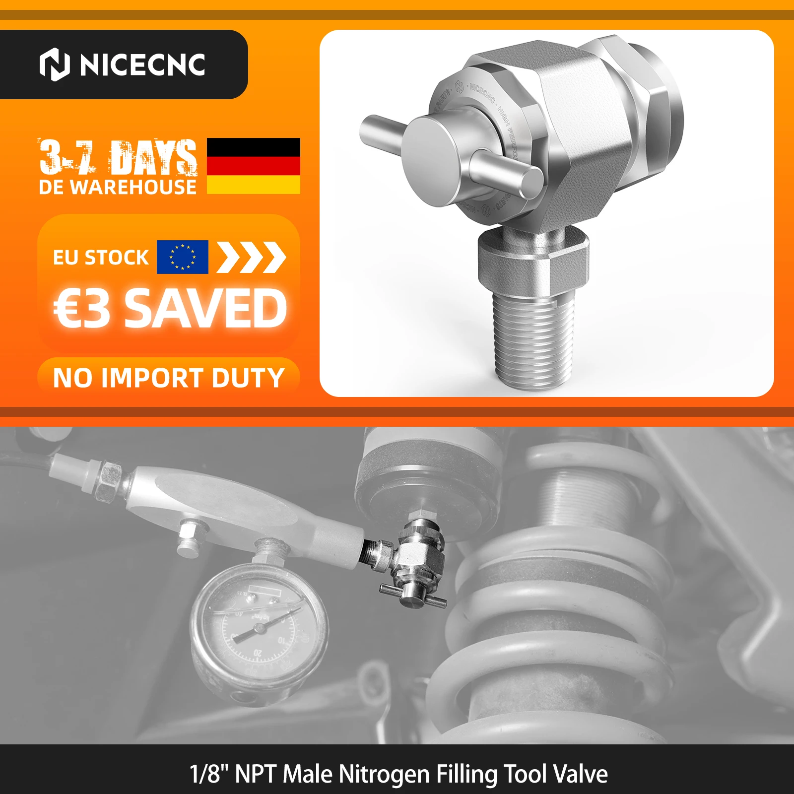 Valve de remplissage d'azote 1/8 " NPT 3000 PSI pour ATV UTV KTM Adventure BMW R1250GS R1200GS Yamaha Tenere 700 Harley Honda Africa Twin Kawasaki Suzuki Triumph Aprilia Ducati