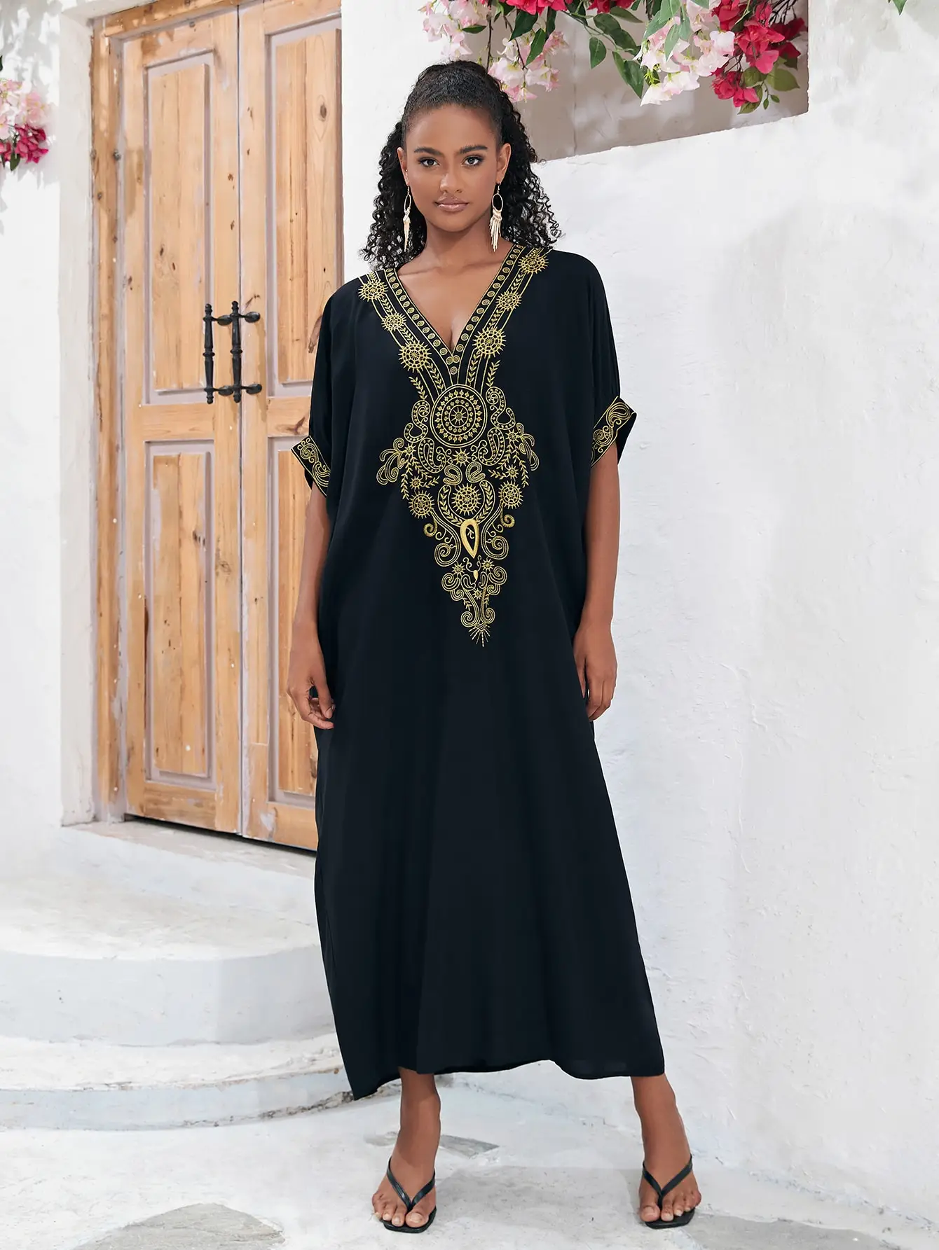 Bohemian Glod ricamo stampato caftano allentato con scollo a V abito a fessura 2024 estate donna Casual Robe Beachwear costume da bagno Cover Up