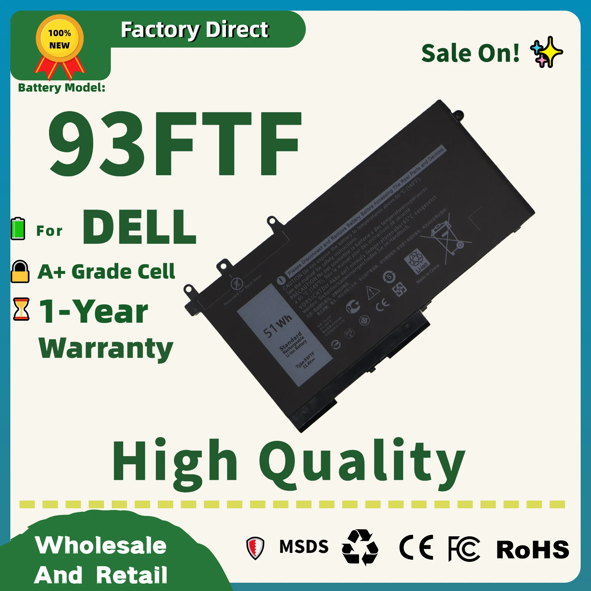 

Factory Direct! 93FTF 51Wh Laptop Battery For DELL Latitude 5280 5480 5580 E5280 E5480 E5580 E5290 E5490 E5590 Series 83XPC 4YFV