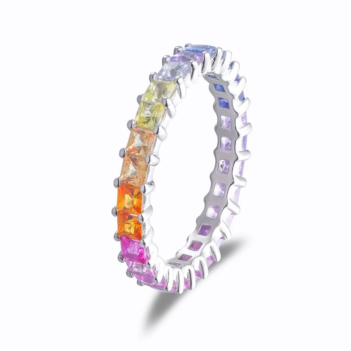 LinkerLove Rainbow Sapphire Ring S925 Sterling Silver 2.5mm Princess Cut Multi Color Gemstone Eternity Wedding Band for Women