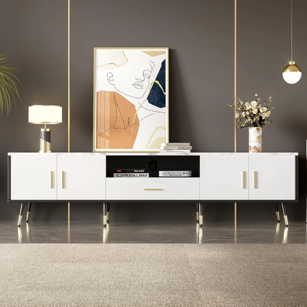 

Modern TV Stand for 80 Inch TV, 70 Inch Black & White TV Stand with Storage Cabinets, Contemporary Media Console w/Drawer & Mult