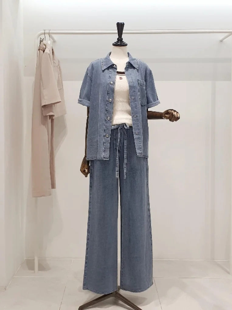 

Осень 2022, новинка, корейский Sle Simple Ele Denim ort Sve irt Jaet, широкие брюки с эластичной резинкой на талии, повседневный комплект спортивной одежды