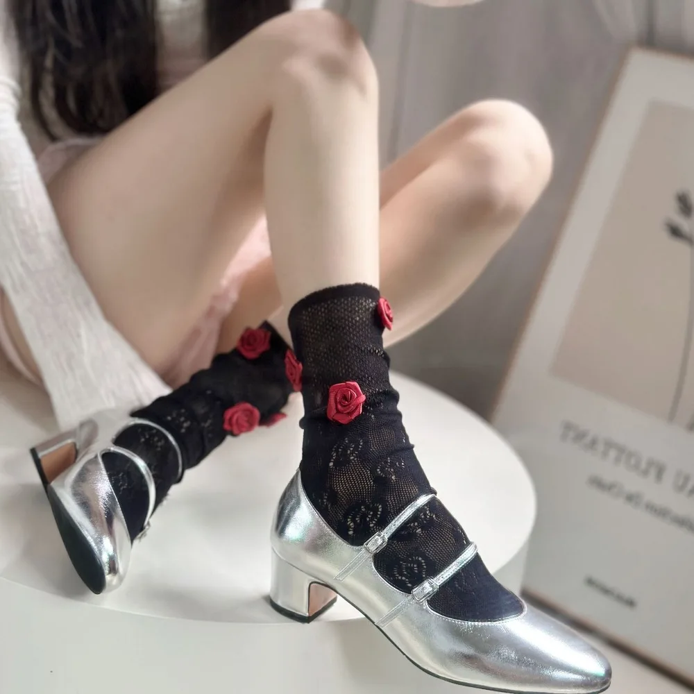 Versatile Multicolor Rose Mesh Socks Balletcore Flowers Pattern Mid-calf Stocking Sweet Breathable Stacked Socks Spring Summer