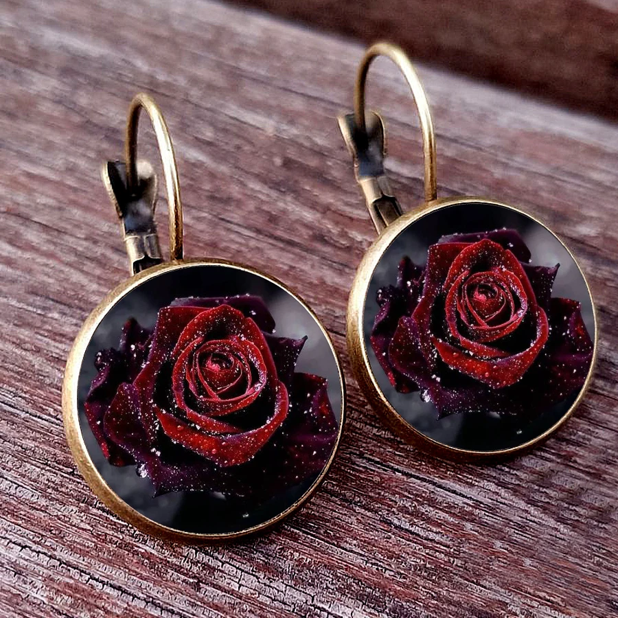 New Red Rose Earrings Rose Photo Glass Women\'s Earrings Valentine\'s Day Gift Birthday Gift Design Sense Party Jewelry