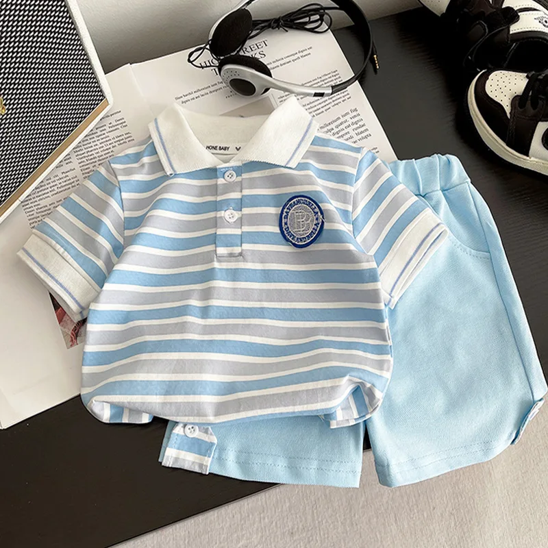 2Piece Summer Toddler Boy Outfits Korean Fashion Cartoon Plaid Short Sleeve Baby Tops+Denim Shorts Boutique Kids Clothing B076
