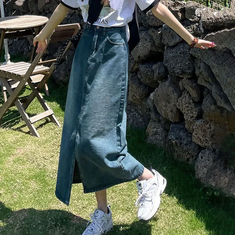 

Xpqbb Summer Women's Denim Midi Skirt Korean High Waist Front Slit Long Skirts Women Y2K Streetwear Casual Loose Straight Skirt