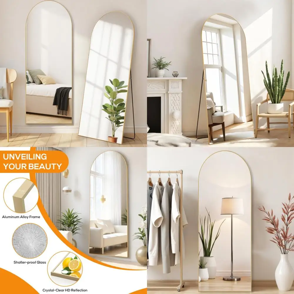 Espelho arqueado de comprimento total - vidro inquebrável de 21 x 64 polegadas, chão ou suspensão de parede, tamanho grande, design atualizado