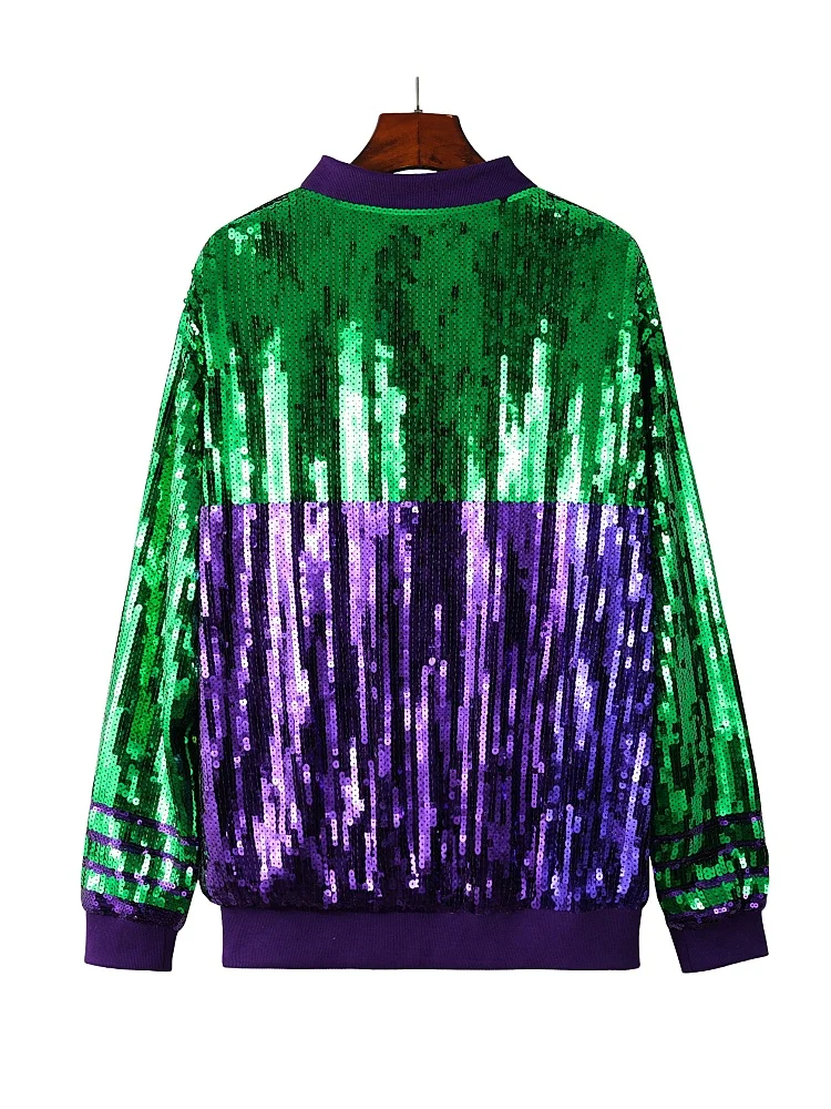 Shiny Women Sequin Bomber Jacket Mardi Gras Festival Apparel Long Sleeve Zip Up Female Coat Dancewear Clubwear