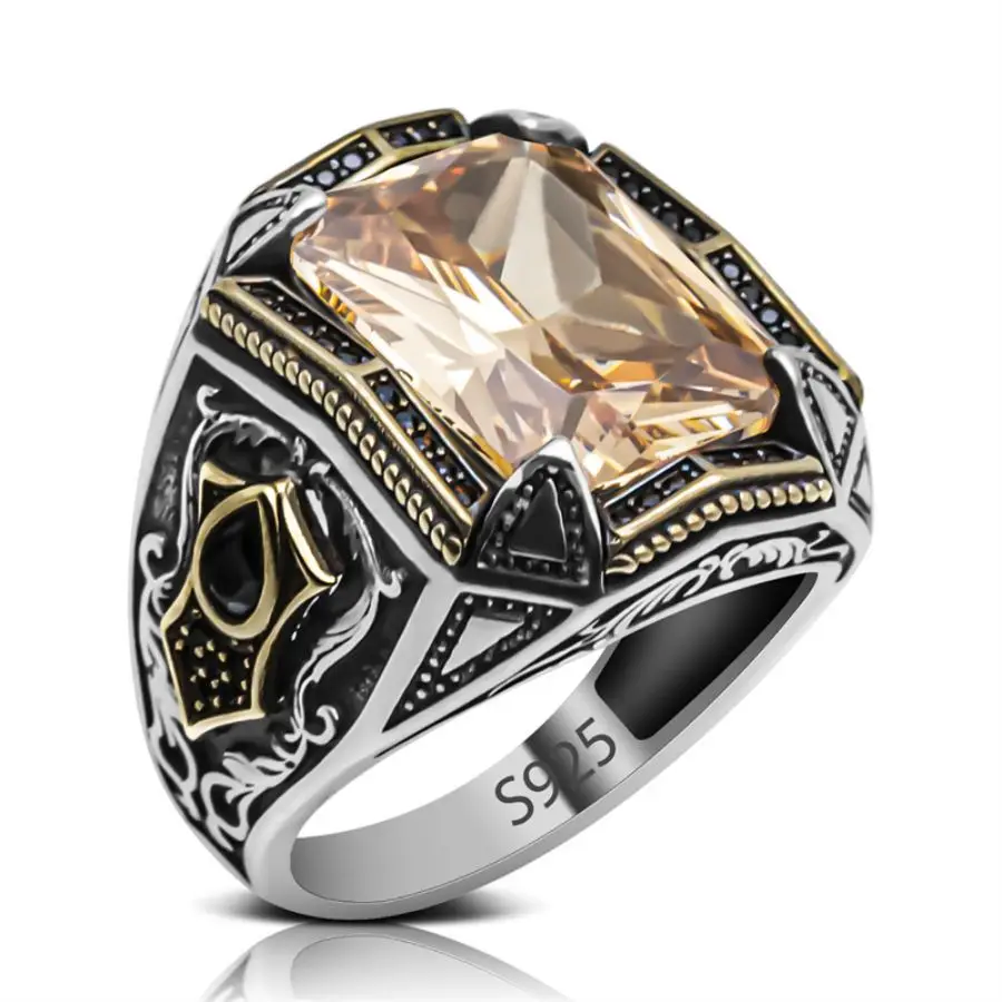 Real 925 sterling silver Domineering Turkish Style Design Men Ring with Olive Champagne Cubic Zirconia Stone