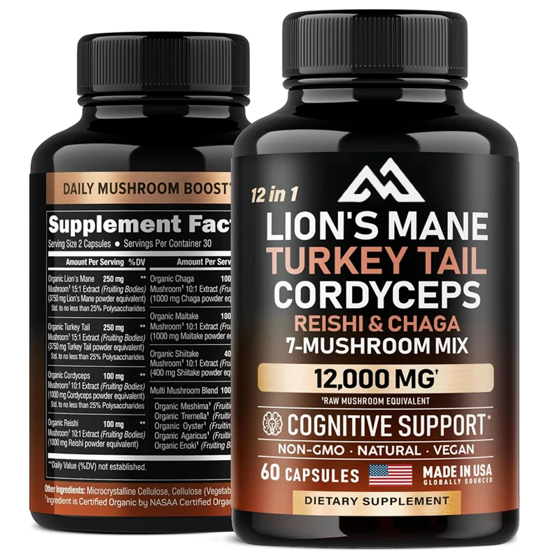 Organic Lion Mane Turkey Tail, Cordyceps sinensis, Ganoderma lucidum, Mushroom, and Oyster 12 in 1 Complex 12000 mg, 60 capsules