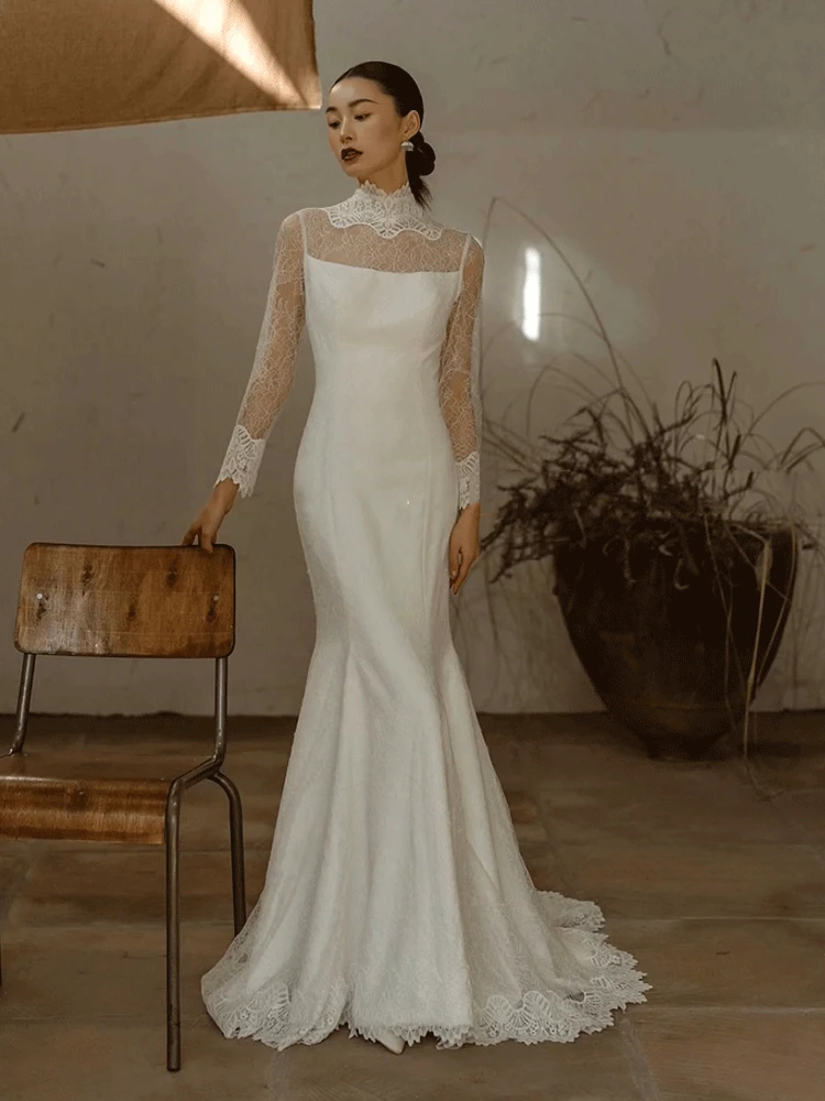 Ele Lace Long Sve Wedding Dr Vintage Sle Fi Tail Gown Lightweight Bridal Outfit with Train for Hotel Indoor Occ...