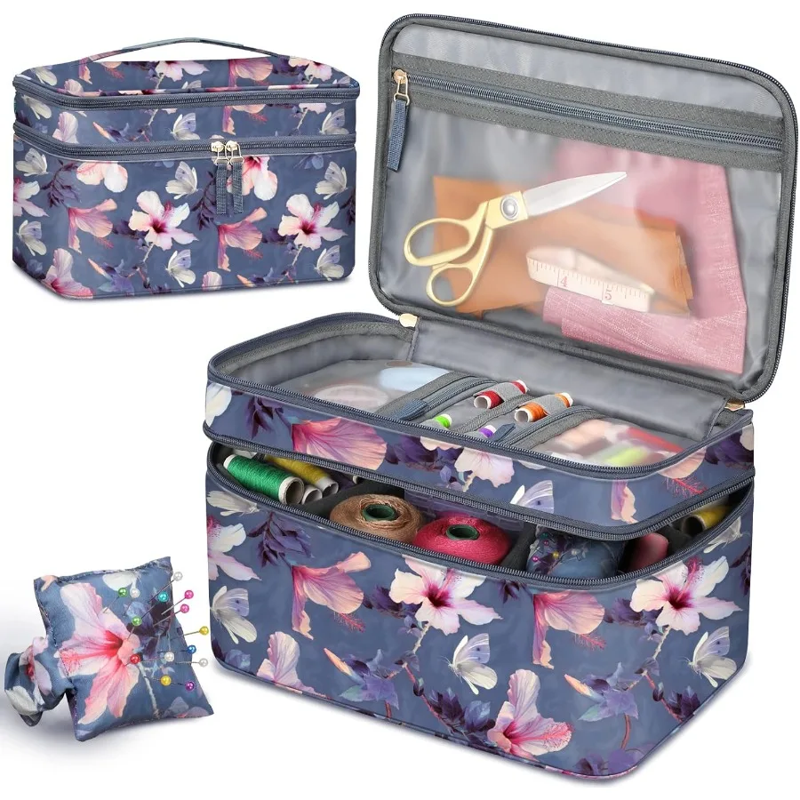 

FINPAC Sewing Accessories Storage and Organizer Case Double-Layer Sewing Kits Carrying Bag with Wrist Pin Cushion for Threads N