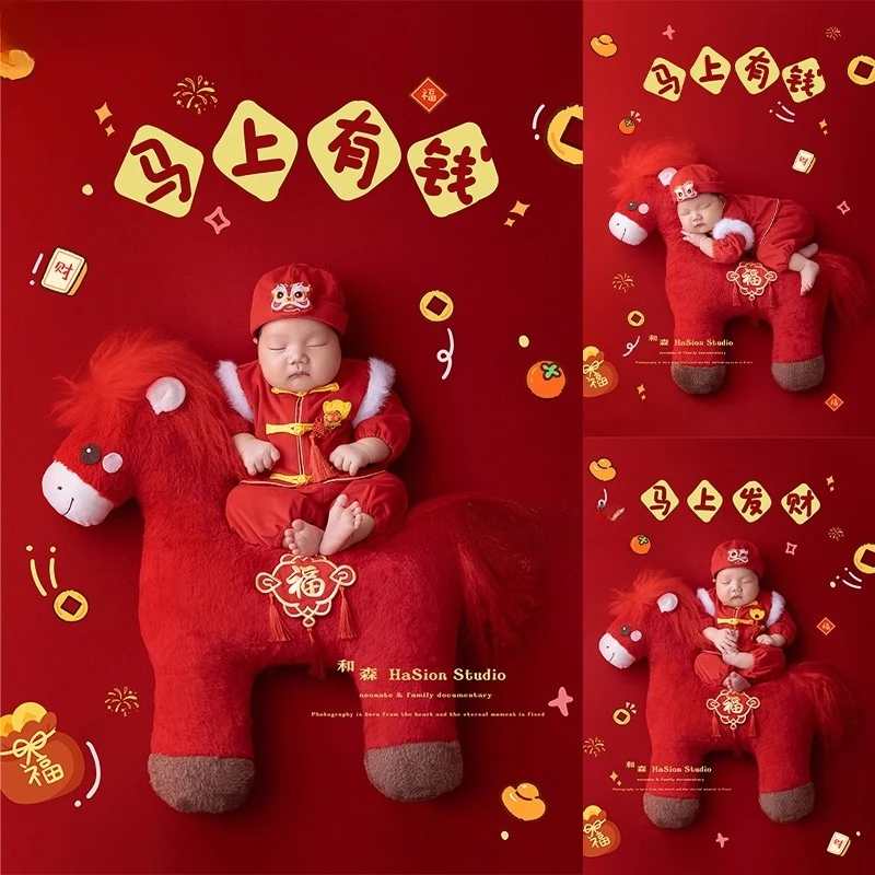 Neugeborenen Fotografie Requisiten Chinesisches Neujahr Thema Set Pferd Posiert Puppe Outfit Hintergrund für Frühling Festival Studio Fotoshooting