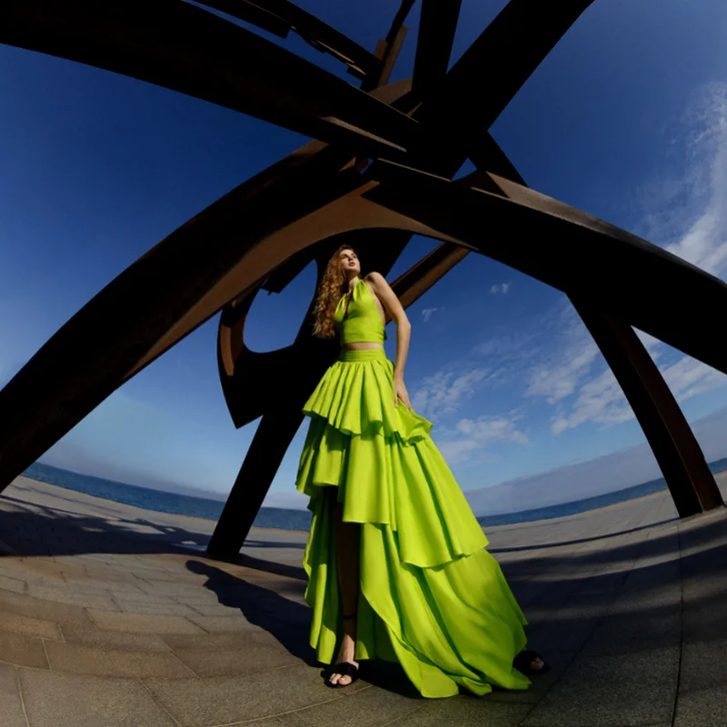 

Флуоресцентная зеленая атласная многоярусная юбка макси для женщин, на заказ, с молнией, для вечеринок