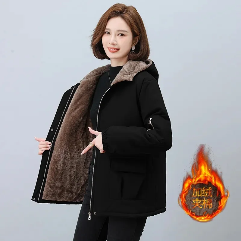 Plus Velvet Padded Parker Cotton-Padded Jacket Female Winter 2024 New Loose Plus Size Cotton Jacket Mom Medium Long Cotton Coat