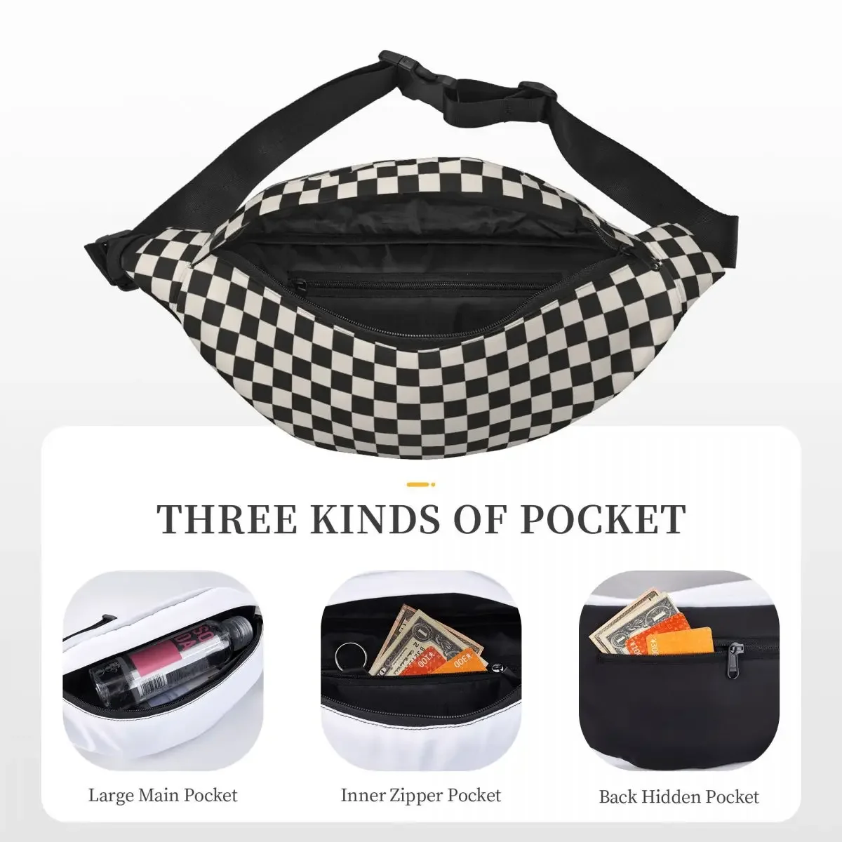 Custom Checkerboard Pattern Plaid Black And Linen White Fanny Bag Sling Crossbody Waist Pack Cycling Camping Phone Money Pouch