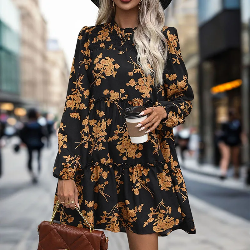 Abito da donna Boho con stampa floreale, girocollo, maniche lunghe, volant a strati, mini abito per la festa quotidiana autunnale casual