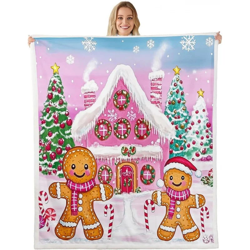 Pink Christmas flannel blanket 60INX50IN gingerbread for boys and girls candy cane house winter New Year blanket